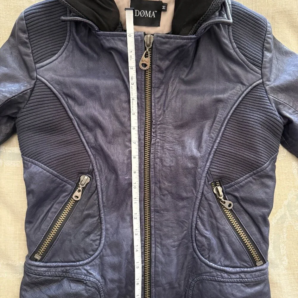 Dark Blue Doma Mixed Media Leather Jacket - Biker Style with removable hood - Picture 8 of 12